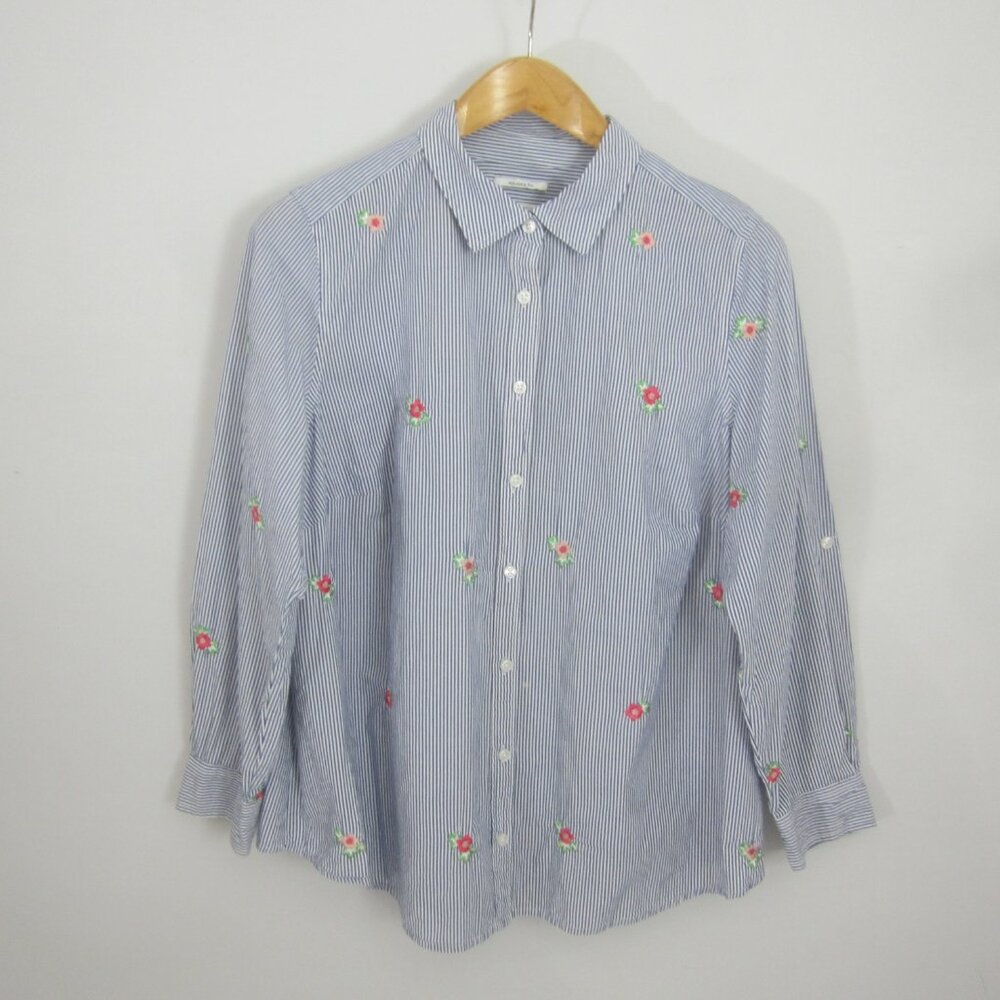 Charter Club Womens 18W Blue White Striped Floral Embroidered LS Cotton Shirt